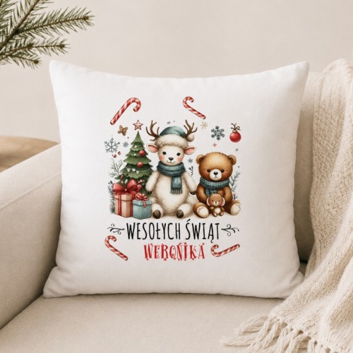 Personalizowana poduszka świąteczna z imieniem dziecka to wyjątkowa dekoracja pokoju na Boże Narodzenie.