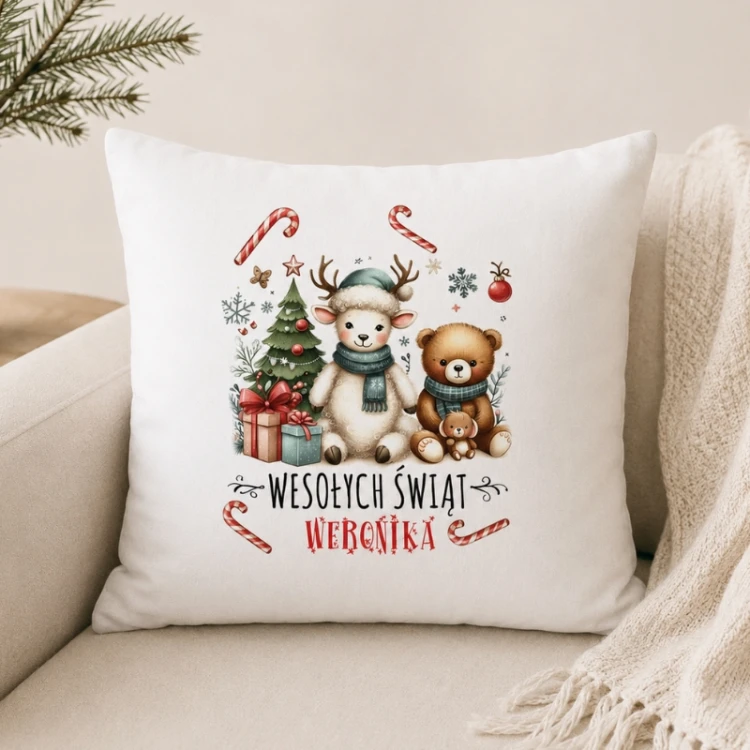 Personalizowana poduszka świąteczna z imieniem dziecka to wyjątkowa dekoracja pokoju na Boże Narodzenie.
