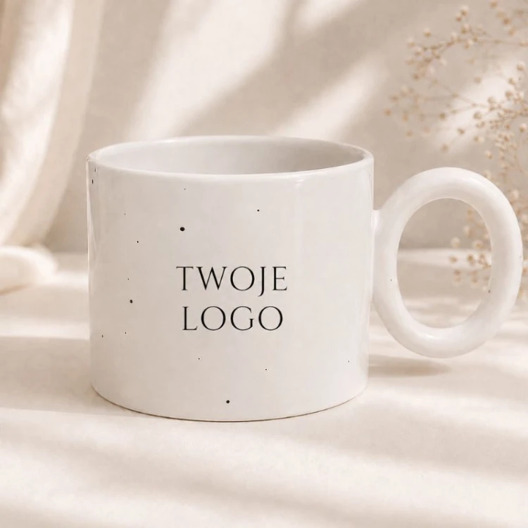 Biały ceramiczny kubek z miejscem na logo firmy w eleganckiej aranżacji.