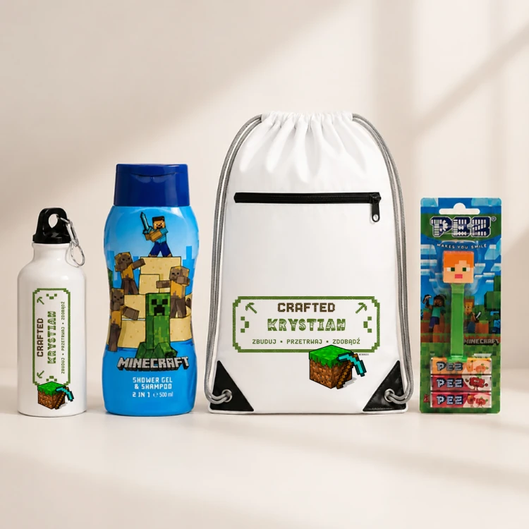 Personalizowany worek, bidon z imieniem, żel i szampon 2w1 Minecraft oraz cukierki z dozownikiem.