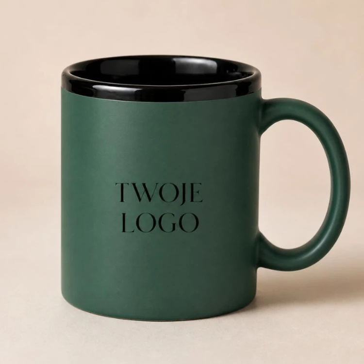 Zielony kubek ceramiczny z grawerowanym logo firmy.