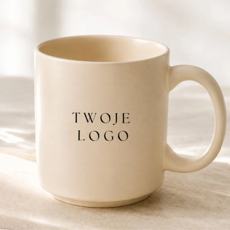 Kremowy matowy kubek ceramiczny z nadrukiem logo firmy.