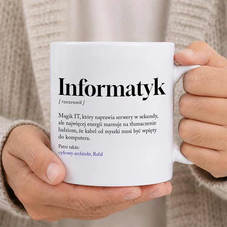 Biały kubek z humorystycznym nadrukiem będzie idealnym prezentem dla informatyka.