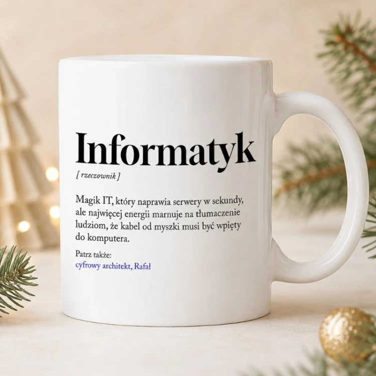 Kubek z definicją informatyka to zabawny prezent na Święta dla specjalisty IT.
