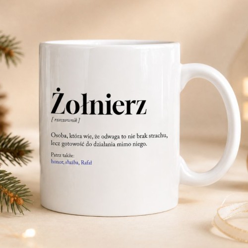Kubek z definicją słownikową żołnierza to elegancki prezent świąteczny.