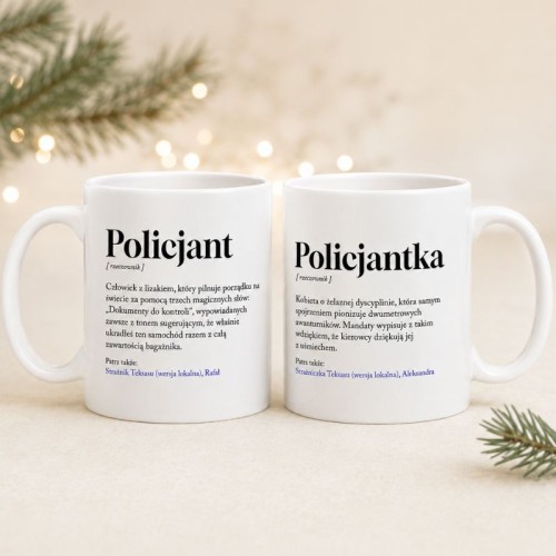 Personalizowany biały kubek dla policjanta z imieniem i zabawną definicją to pomysł na prezent dla funkcjonariusza.