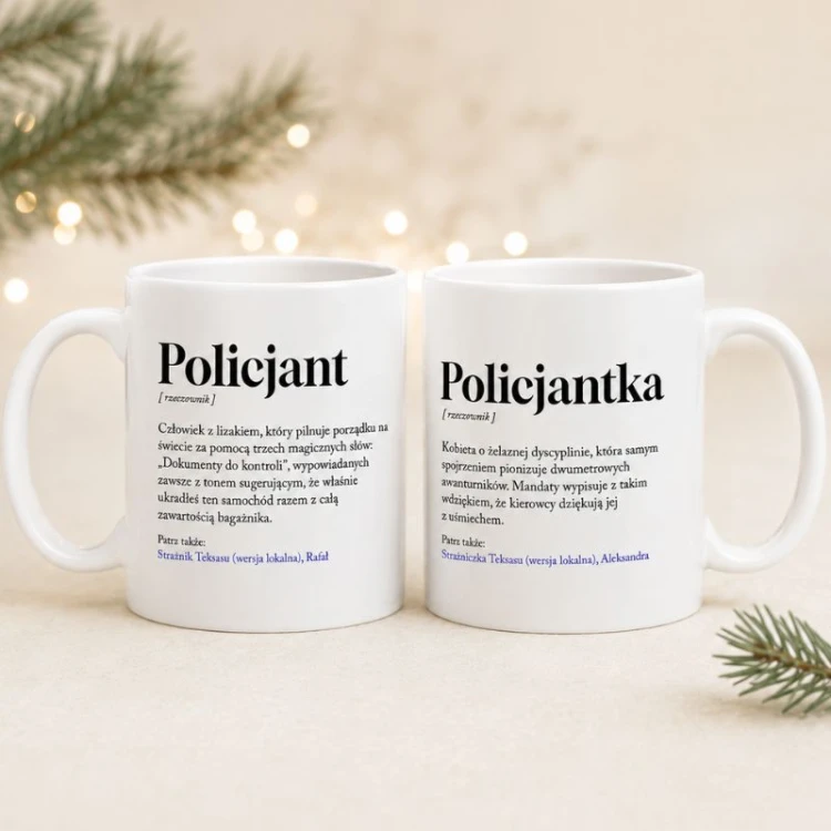 Personalizowany biały kubek dla policjanta z imieniem i zabawną definicją to pomysł na prezent dla funkcjonariusza.