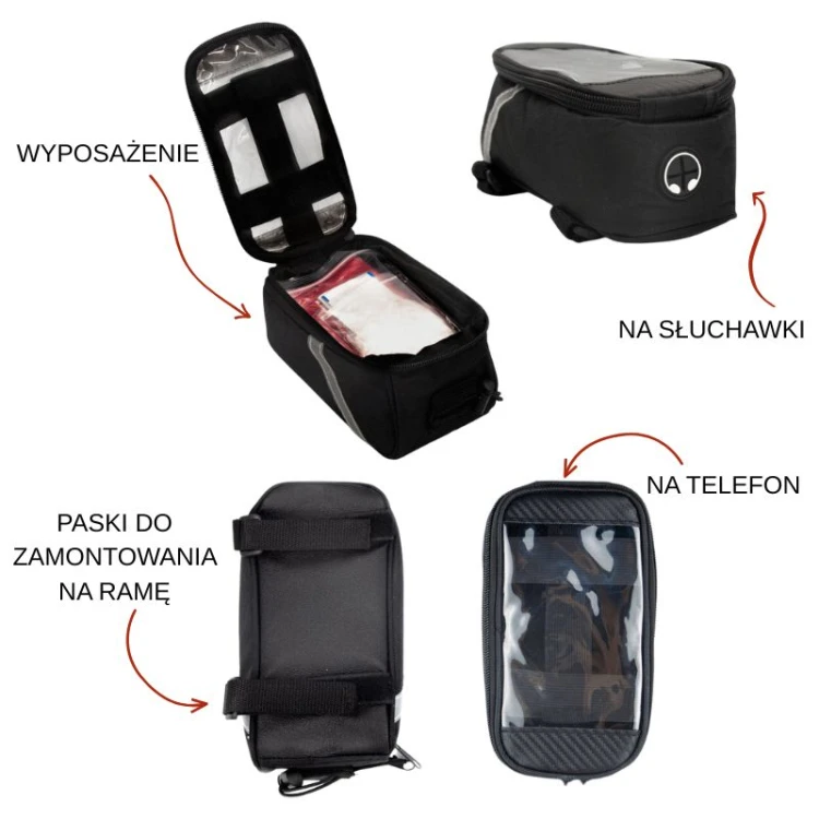 Torba na ramę roweru z miejscem na telefon pozwala przechowywać przydatne akcesoria podczas wycieczki rowerowej.