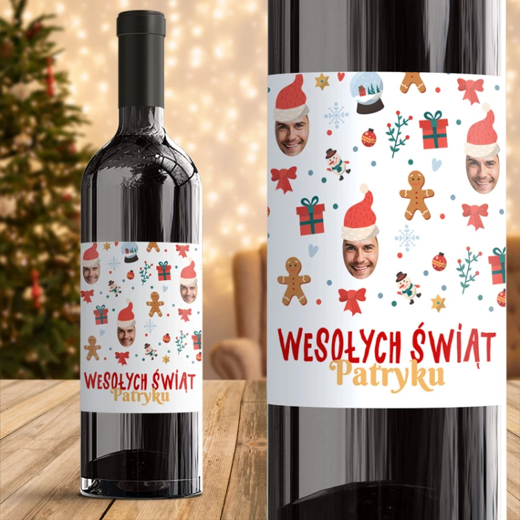 Personalizowana etykieta na alkohol ze zdjęciem twarzy na Święta.