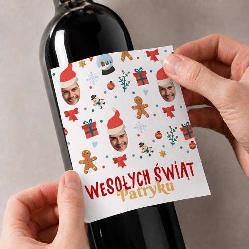 Personalizowana etykieta na alkohol ze zdjęciem twarzy na Święta.