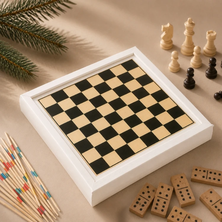 Świąteczne pudełko z domino, szachami i kartami do gry.