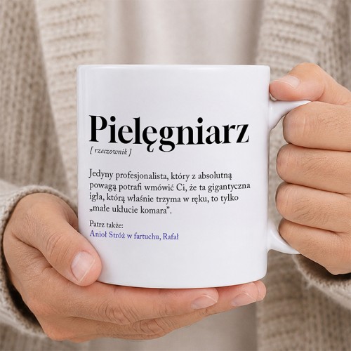 Personalizowany kubek dla pielęgniarki lub pielęgniarza z zabawnym nadrukiem.
