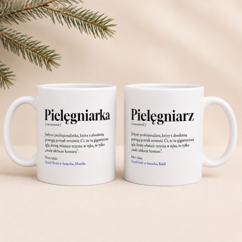 Kubek z indywidualnym imieniem i tekstem dla pracownika medycznego.