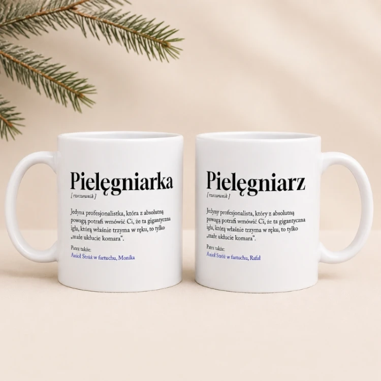 Kubek z indywidualnym imieniem i tekstem dla pracownika medycznego.