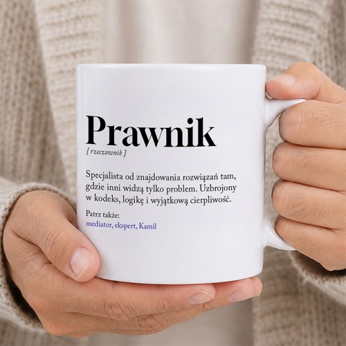 Personalizowany kubek dla prawnika lub prawniczki z eleganckim nadrukiem.