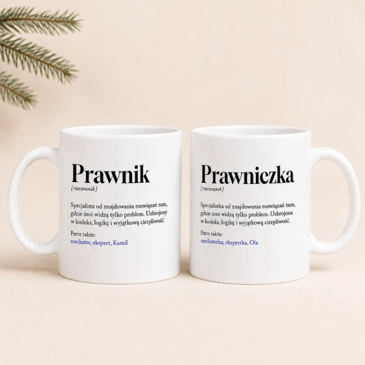 Kubek z definicją prawnika jako wyjątkowy prezent świąteczny z imieniem.