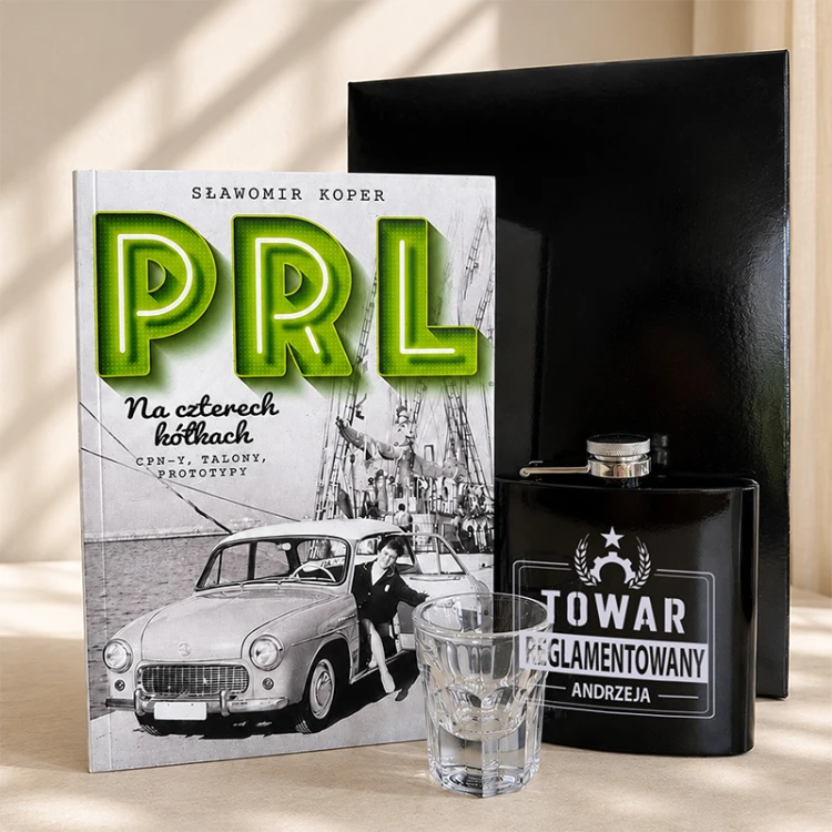 Zestaw prezentowy PRL z książką i personalizowaną piersiówką na Święta.