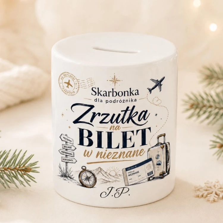 Skarbonka dla podróżnika z napisem „Zrzutka na bilet w nieznane” to pomysł na prezent na Święta.