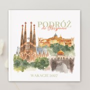 Pamiętnik z napisem „Podróż do Hiszpanii” i grafiką hiszpańskich zabytków to prezent dla miłośnika Hiszpanii.
