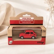 Kolekcjonerski model samochodu Fiat 126p Maluch w czerwonym kolorze to prezent dla fana polskiej motoryzacji.
