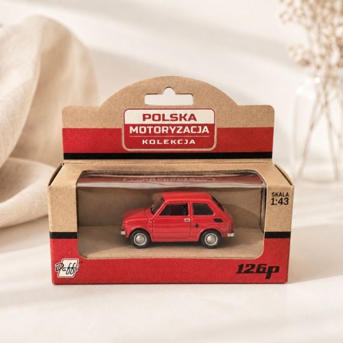 Kolekcjonerski model samochodu Fiat 126p Maluch w czerwonym kolorze to prezent dla fana polskiej motoryzacji.