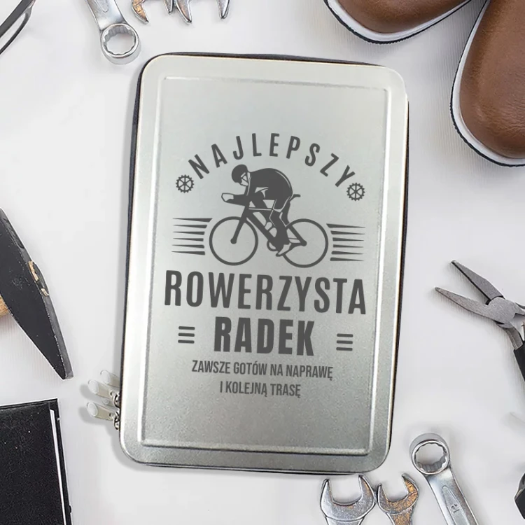 Personalizowany zestaw narzędzi dla rowerzysty zawiera szczypce, śrubokręty, bity i nasadki w poręcznym etui.