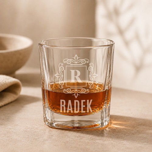 Personalizowana szklanka do whisky z grawerem imienia i inicjału to elegancki prezent dla mężczyzny na Święta.