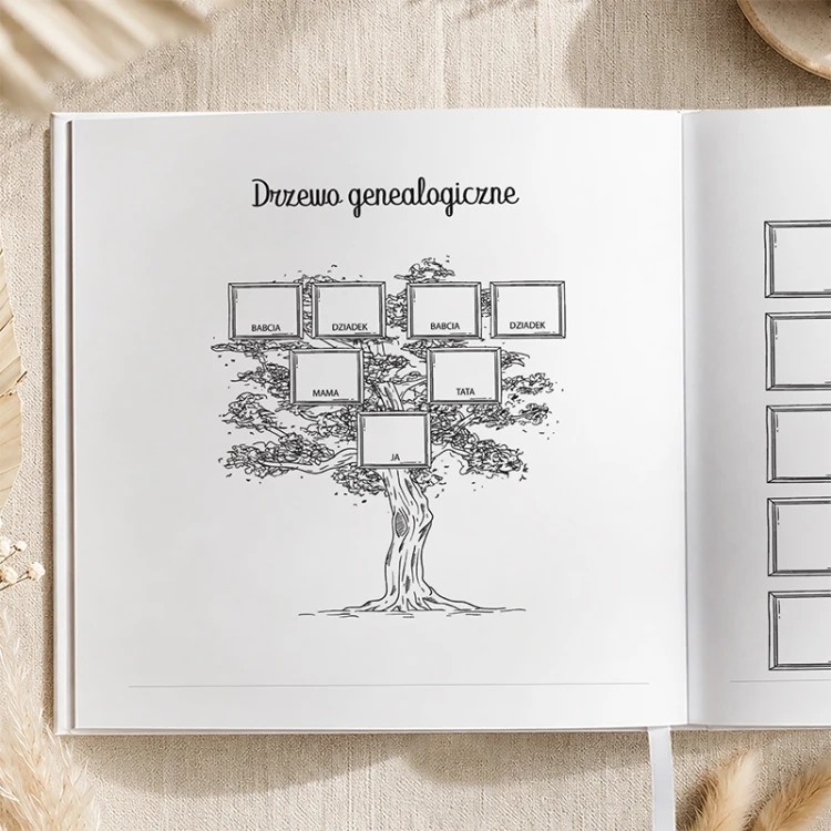 Książka dla Mamy z drzewem genealogicznym pomaga zebrać rodzinne historie i informacje o najbliższych.