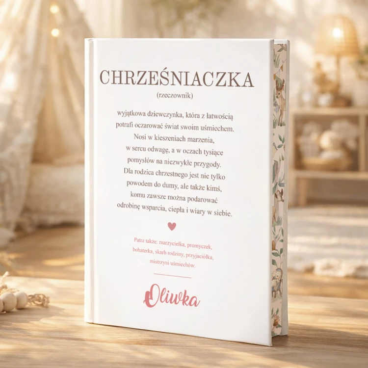 Książka z definicją słowa Chrześniaczka i imieniem dziewczynki sprawdzi się jako prezent na Boże Narodzenie.