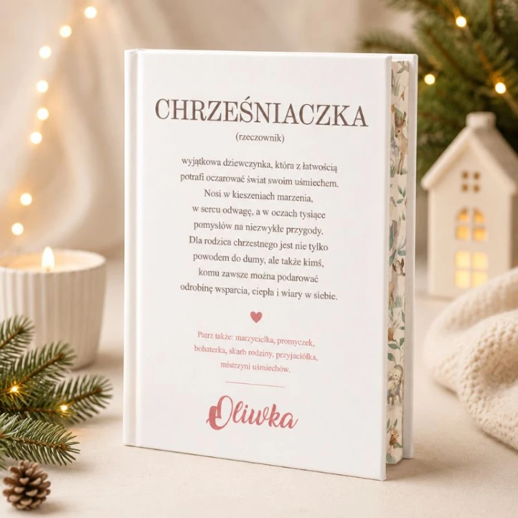 Personalizowana książka z bajkami z definicją słowa Chrześniaczka to wyjątkowy prezent dla chrześniaczki na Święta.