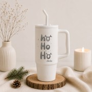 Personalizowany kubek termiczny 900 ml z napisem „Ho Ho Ho”, imieniem oraz metalową słomką.