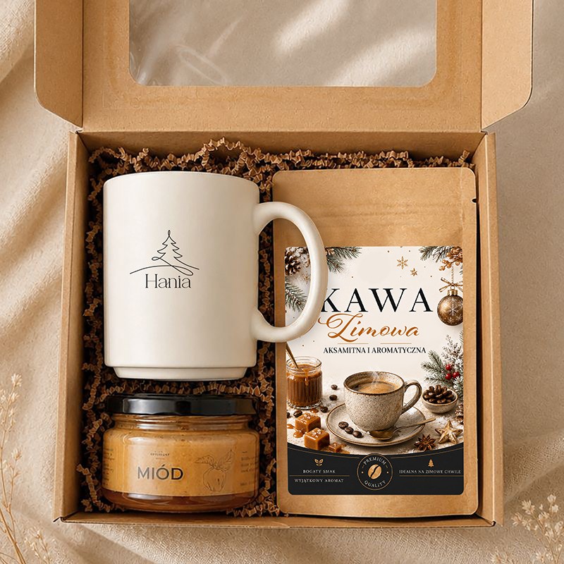 Zestaw świąteczny z personalizowanym kubkiem, kawą i miodem