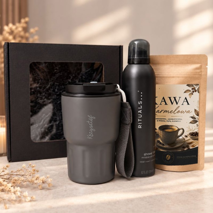 Czarny zestaw świąteczny dla mężczyzny z kubkiem termicznym, kawą i pianką Rituals