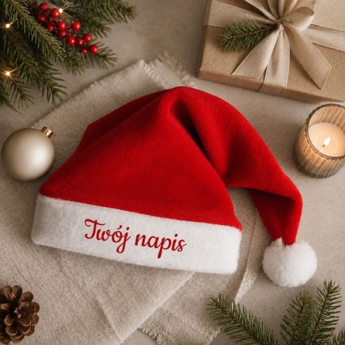 Personalizowana czapka Mikołaja z własnym napisem w świątecznej aranżacji.