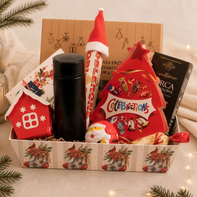 Paczka świąteczna z termosem, Toblerone, Celebrations, krówkami i świątecznymi słodyczami.