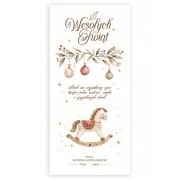 Opłatki wigilijne z życzeniami zdobi grafika z konikiem na biegunach.