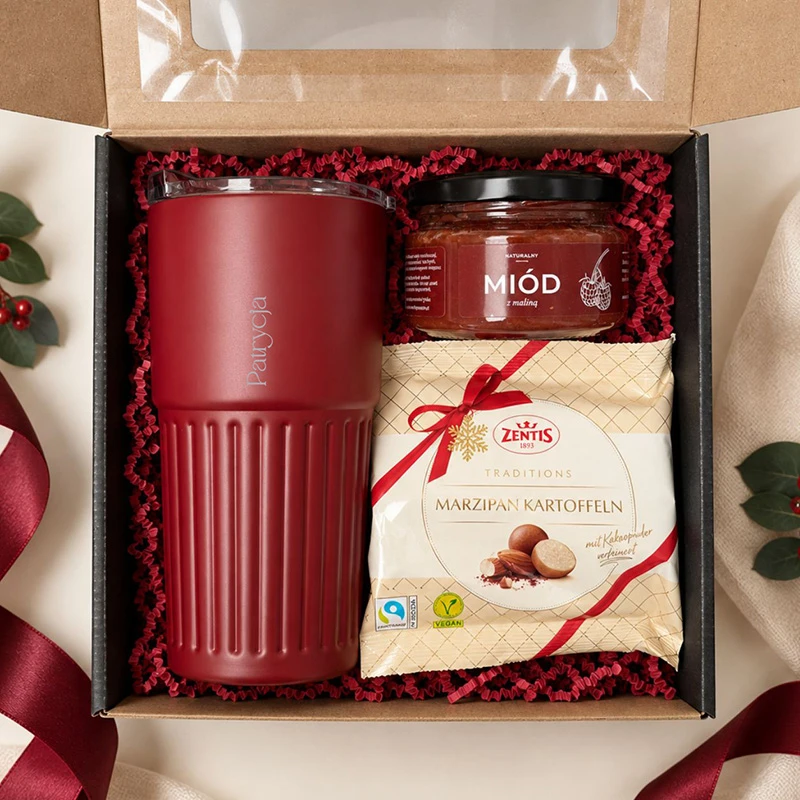 Elegancki zestaw świąteczny do 150 zł z kubkiem termicznym w kolorze merlot