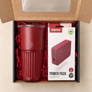 Zestaw świąteczny z burgundowym kubkiem termicznym i powerbankiem.