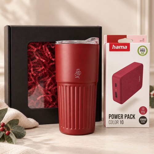 Burgundowy kubek termiczny i powerbank Hama w zestawie świątecznym.