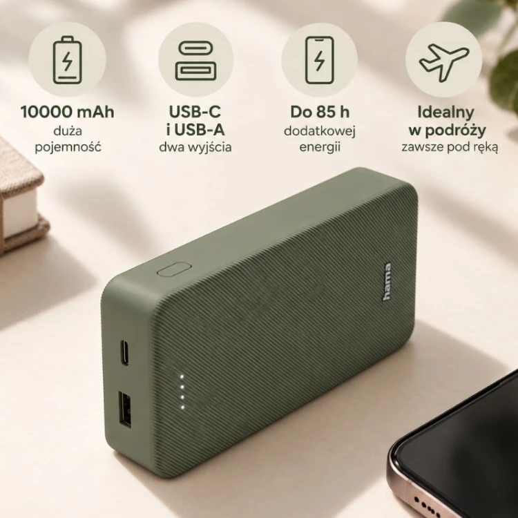 Zielony powerbank Hama 10 000 mAh z portami USB-C i USB-A jako praktyczny gadżet na prezent.