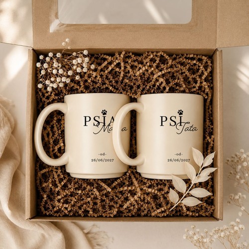 Zestaw dwóch kubków dla psiej mamy i psiego taty w pudełku to personalizowany prezent dla właścicieli psa na święta.