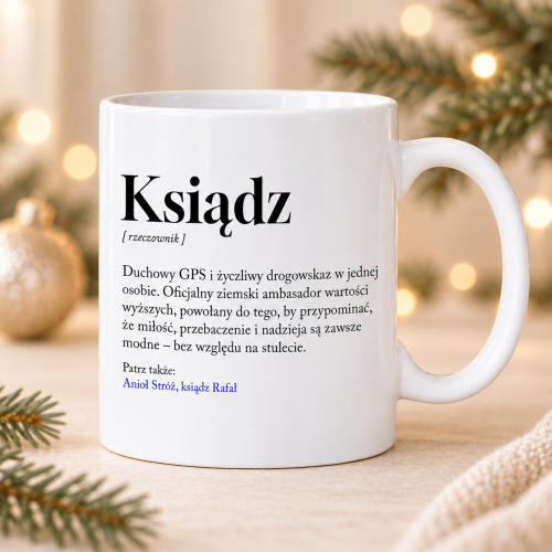 Świąteczny kubek z definicją księdza na prezent.