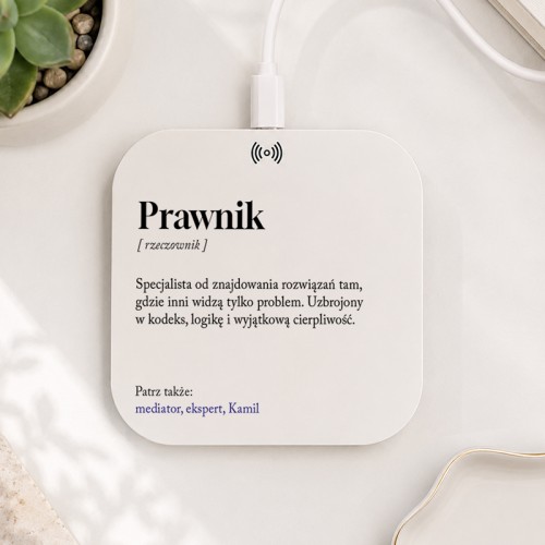 Personalizowana ładowarka indukcyjna z definicją prawnika to praktyczny prezent świąteczny do kancelarii lub domu.