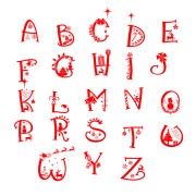 Świąteczna czcionka z dekoracyjnymi literami alfabetu, wykorzystywana do personalizacji kubka świątecznego z imieniem.