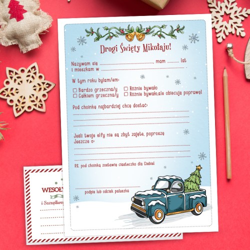 List do Świętego Mikołaja z zimowym samochodem przewożącym choinkę, świątecznymi dzwoneczkami i dopasowaną kopertą.