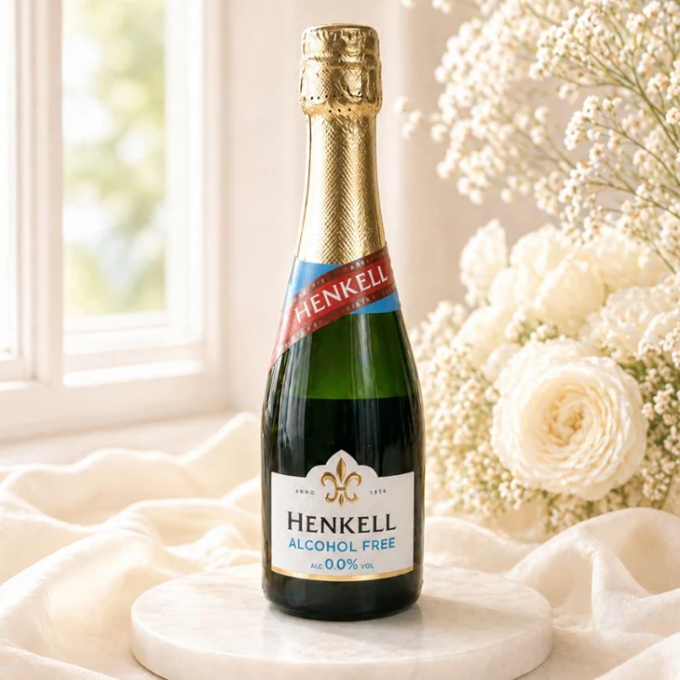 Bezalkoholowe wino musujące Henkell 200 ml w mini butelce ustawione na jasnej podstawce w eleganckiej kremowej aranżacji.