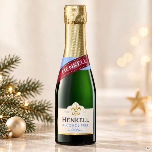 Mini wino musujące bezalkoholowe Henkell 200 ml w zielonej butelce ze złotą folią, na świątecznym tle z gałązkami choinki.