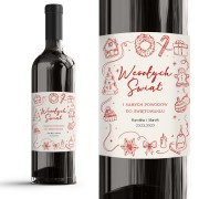 Świąteczna etykieta na wino z personalizowanym podpisem i napisem Wesołych Świąt, pokazana na butelce oraz w zbliżeniu.