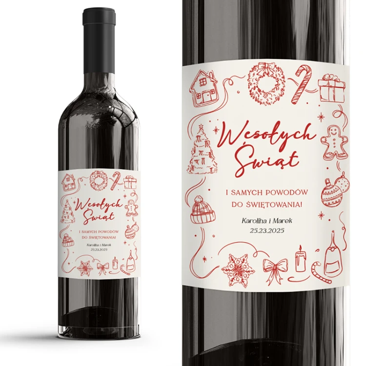 Świąteczna etykieta na wino z personalizowanym podpisem i napisem Wesołych Świąt, pokazana na butelce oraz w zbliżeniu.