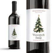 Biała etykieta samoprzylepna na butelce wina z malowaną choinką i napisem Świąteczne Wino Edycja Specjalna.
